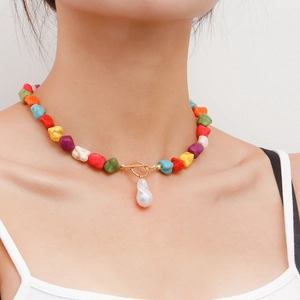 Bohemian colorful turquoise stone necklace with white baroque pearl and gold T-bar clasp
