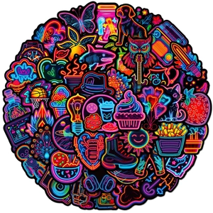 Vibrant neon graffiti stickers set with assorted retro icons on dark background
