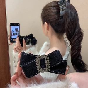 Barrette À Cheveux Noeud En Tissu De Laine Élégante Avec Boucle Rectangulaire En Strass Style Vintage Français Pour Femmes