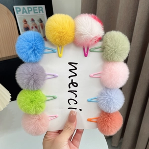 Set of 10 colorful mini faux fur pom pom hair clips for girls in pastel macaron shades