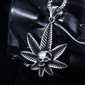 Polished stainless steel skull and maple leaf necklace pendant in punk hip hop style