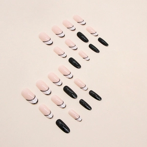 Mid-length oval press-on nails with black glitter and French line art designs