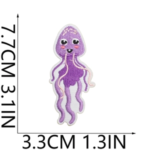 Detailed view of purple jellyfish embroidery patch with precise dimensions 7.7x3.3cm
