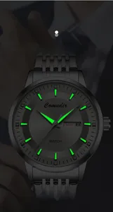 Luminous dial display of automatic business watch with day-date window and steel strap