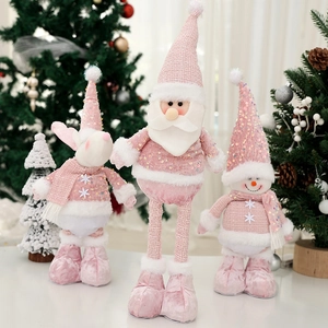 Christmas Plush Doll Telescopic Standing Toy Pink Sequin Santa Snowman Reindeer Holiday Window Decoration Knitted Fabric Ornament