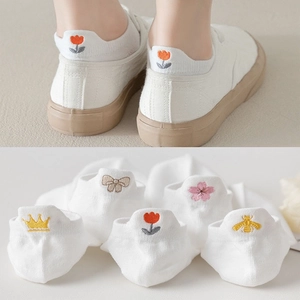 Women Ankle Socks Cotton Polyester Blend Breathable Mesh White Embroidery Japanese Style Minimalist Low Cut Hosiery