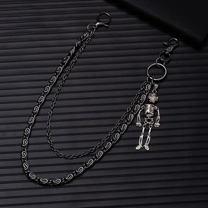 Double-layered gunmetal punk chain with skull pendant for jeans and streetwear accessories