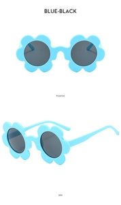 Detail view showing front and side angles of blue flower-shaped sunglasses for kids