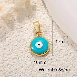 Macro view of blue Evil Eye pendant with 17mm and 10mm size markings and weight