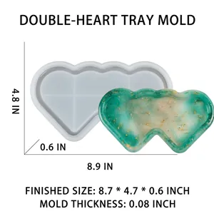 Detailed view of double heart silicone tray mold with dimensions and resin finished sample