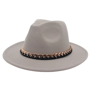 Grey wool felt fedora hat featuring a stylish gold metal chain and black ribbon trim