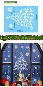 Detailed dimensions of white snowflake stickers and spiral Christmas tree window decals