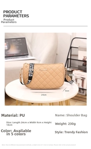 Detail view of khaki PU leather shoulder bag with quilted pattern and wide strap dimensions