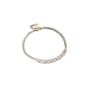 Elegant zircon tennis chain and pearl splice bracelet with adjustable silver extension