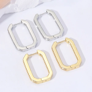 Minimalist geometric rectangular hoop earrings with zircon pavé in gold and silver