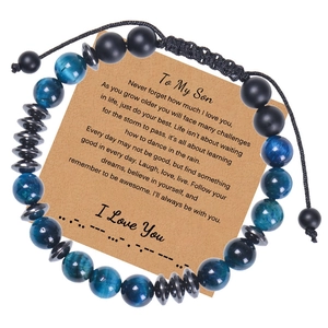 Morse Code Bracelet Blue Tiger Eye Matte Black Stone Hematite Adjustable Braided Rope Beaded Jewelry Gift For Men
