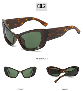 Three views of leopard cat-eye sunglasses with dark green lenses and retro tortoise frame