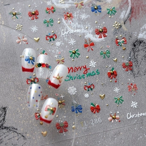 3D Christmas nail stickers with gold snowflakes, red bows and bells, style TL-286