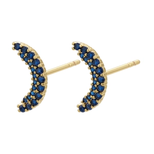 Detailed shot of golden crescent moon stud earrings with micro-paved blue zircons