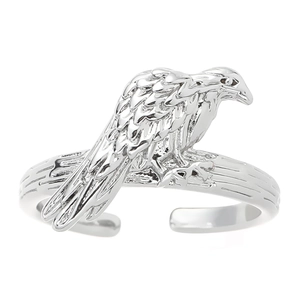 Macro view of silver raven ring featuring detailed feathers and branch texture band