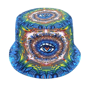 Close-up of psychedelic eye pattern and colorful geometric print on the bucket hat
