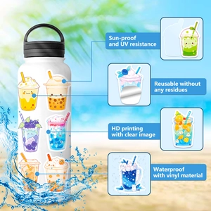 50pcs cute boba tea waterproof vinyl stickers set on a white frosted sports water bottle