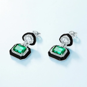 Art Deco S925 silver stud earrings with emerald-cut green stone and black enamel