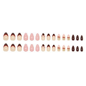 Pink French dot press-on nails with bow and cherry art, 24 pieces in assorted sizes