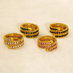 Adjustable Multi Layer Open Ring 18K Gold Plated Stainless Steel Colorful Rhinestone Twisted Texture Jewelry For Women