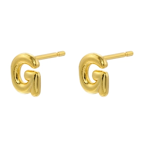 Detailed view of polished 18K gold plated letter G stud earring with a glossy finish