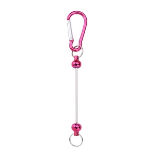 Pink D-ring carabiner with beadable metal rod and key rings on white background