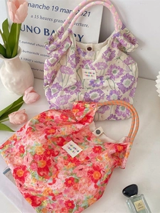 Floral canvas tote bags with magnetic closure and braided rope handles for women
