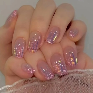 Press On Nails Purple Geometric Lines Gold Glitter Star Accents Pink Base Abstract Fashionable Elegant For Women