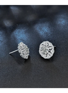 Macro shot of 925 sterling silver flower earrings with central crystal and micro pavé