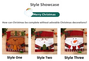 Three festive Christmas chair covers featuring Santa, Reindeer, and Snowman designs