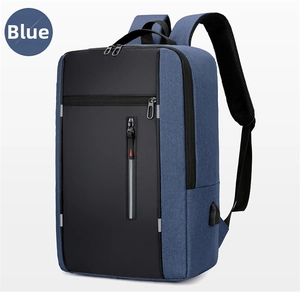 Zijaanzicht van blauwe laptoprugzak voor heren met USB-poort en reflecterende veiligheidsstrip