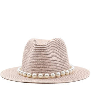 Women Straw Fedora Hat With Artificial Pearl Chain Sun Protection Breathable Beach Summer Elegant Panama Style