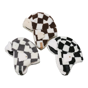 Winter checkerboard aviator hat with faux lamb wool lining and ear flaps in three colors
