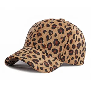 Classic leopard print corduroy baseball cap with structured crown and curved brim in tan