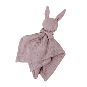 Soft mauve cotton gauze baby security blanket with 3D bunny head and long ears