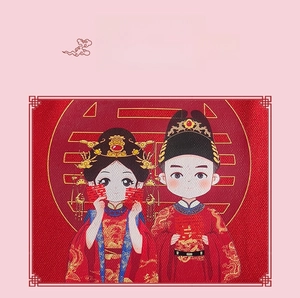 Detailed fabric texture of a red wedding gift bag with cartoon bride and groom figures