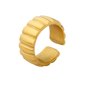 Minimalist 18K gold plated ribbed stainless steel open ring with a textured finish