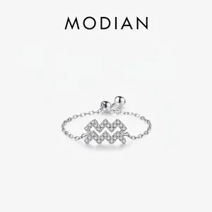 Adjustable Wave Chain Ring 925 Sterling Silver Aquarius Symbol With Zirconia Minimalist Jewelry For Women