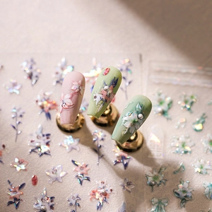 5D embossed floral nail stickers with pearls and aurora glitter for 3D manicures
