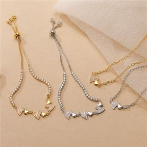 Copper 18K Gold Plated Double Heart Necklace Bracelet Jewelry Set Zirconia Inlaid Adjustable Jewelry Set For Women Jewelry