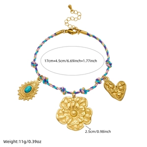 Gold bohemian flower heart bracelet with turquoise pendant and woven colorful cord