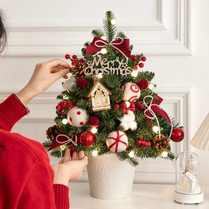 Mini tabletop Christmas tree in white iron bucket with LED lights and red ornaments