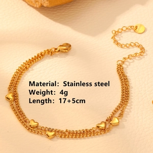 Bracciale a doppio strato in acciaio inossidabile dorato con cuori, catena 17+5cm, 4g