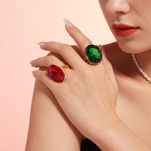 Vintage Großer Ovaler Glas Edelstein Ring Titanstahl 18K Vergoldet Strass Cocktail Schmuck Für Frauen