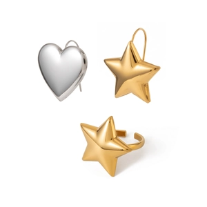 Two-tone heart and star earrings set with a matching gold star adjustable open ring
